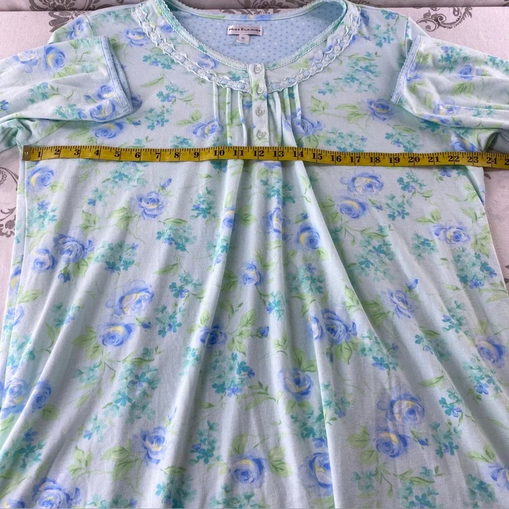 Miss Elaine‎ Long Nightgown Lace Blue Floral Long Sleeve Soft Cotton blend